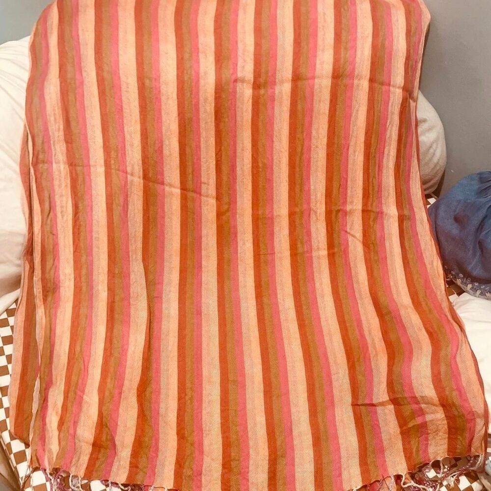 Boho Orange Striped Viscose Fringed Scarf 28 X 68
